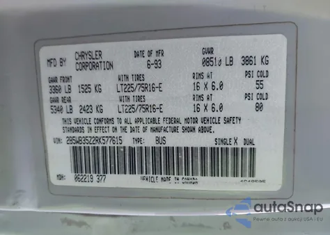 1994 Dodge Ram Wagon B350 from USA, damaged, VIN 2B5WB35Z2RK577615